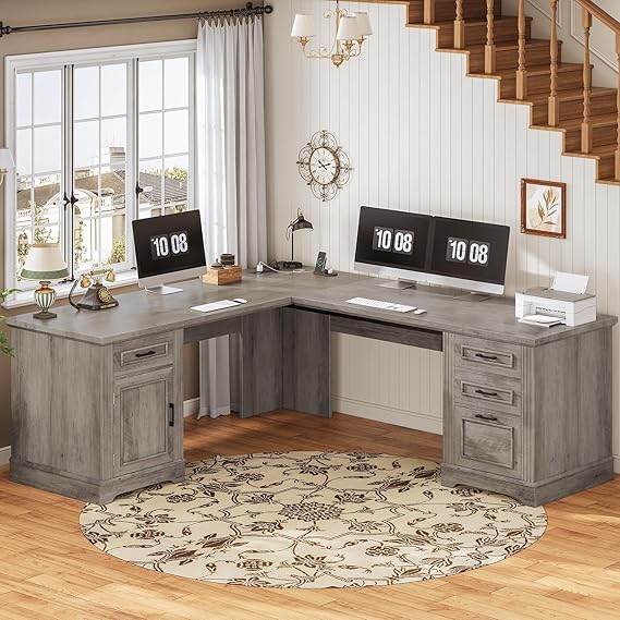 69" Executive L-Shaped Desk with Drawers and Storage Cabinet