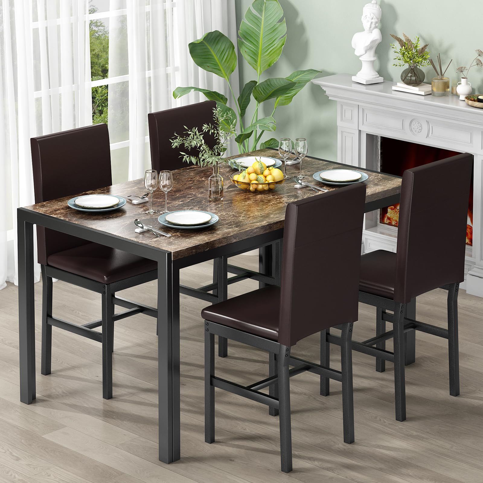4-Piece Faux Marble Dining Table Set with PU Leather Chairs