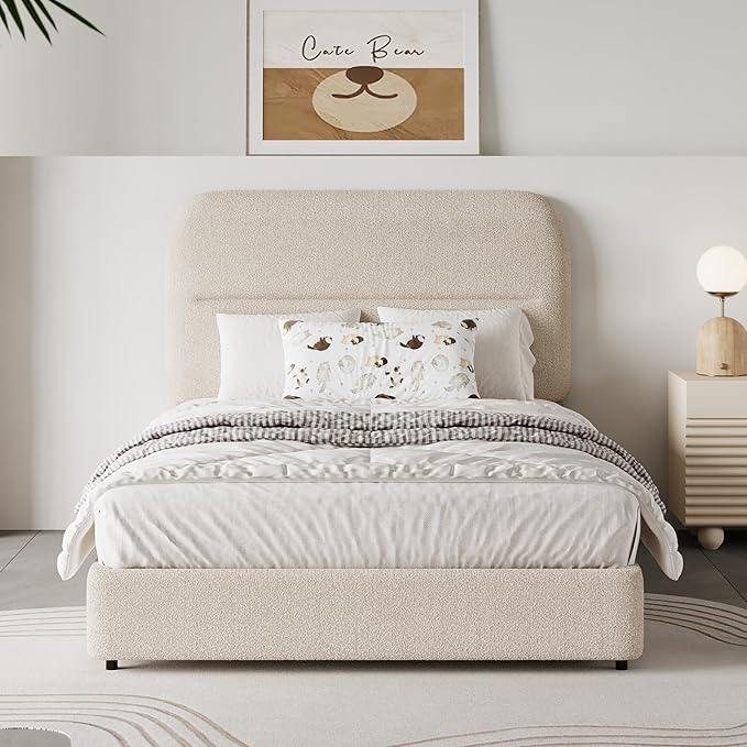 Twin Size Boucle Upholstered Bed Frame with Adjustable Headboard