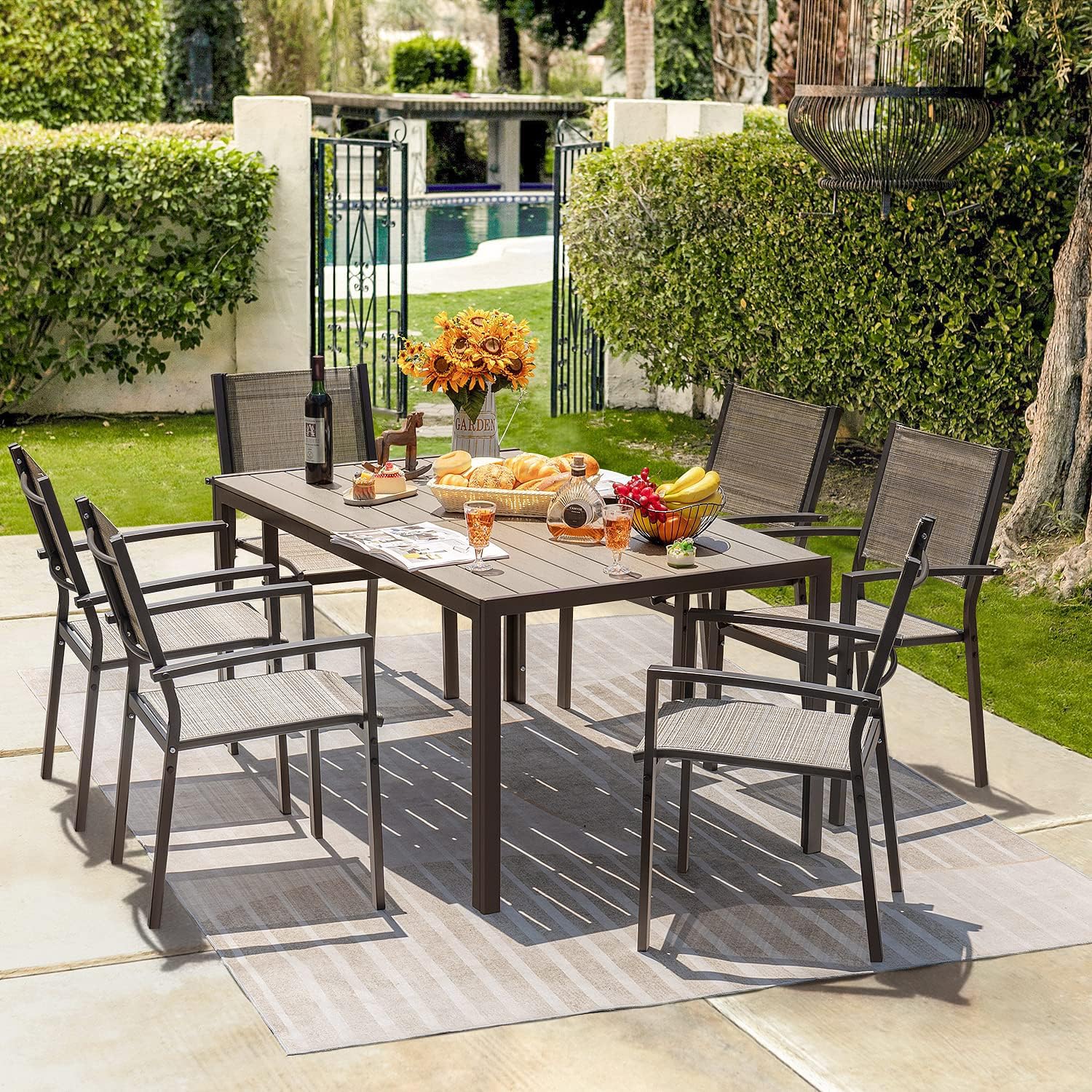 7-Piece Patio Dining Set with Large Table and Stackable Chairs