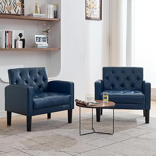 Leather Accent Chairs Set of 2 - Tufted Mid Century Modern