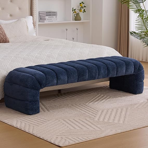 Ottoman Bench Navy Teddy Upholstered