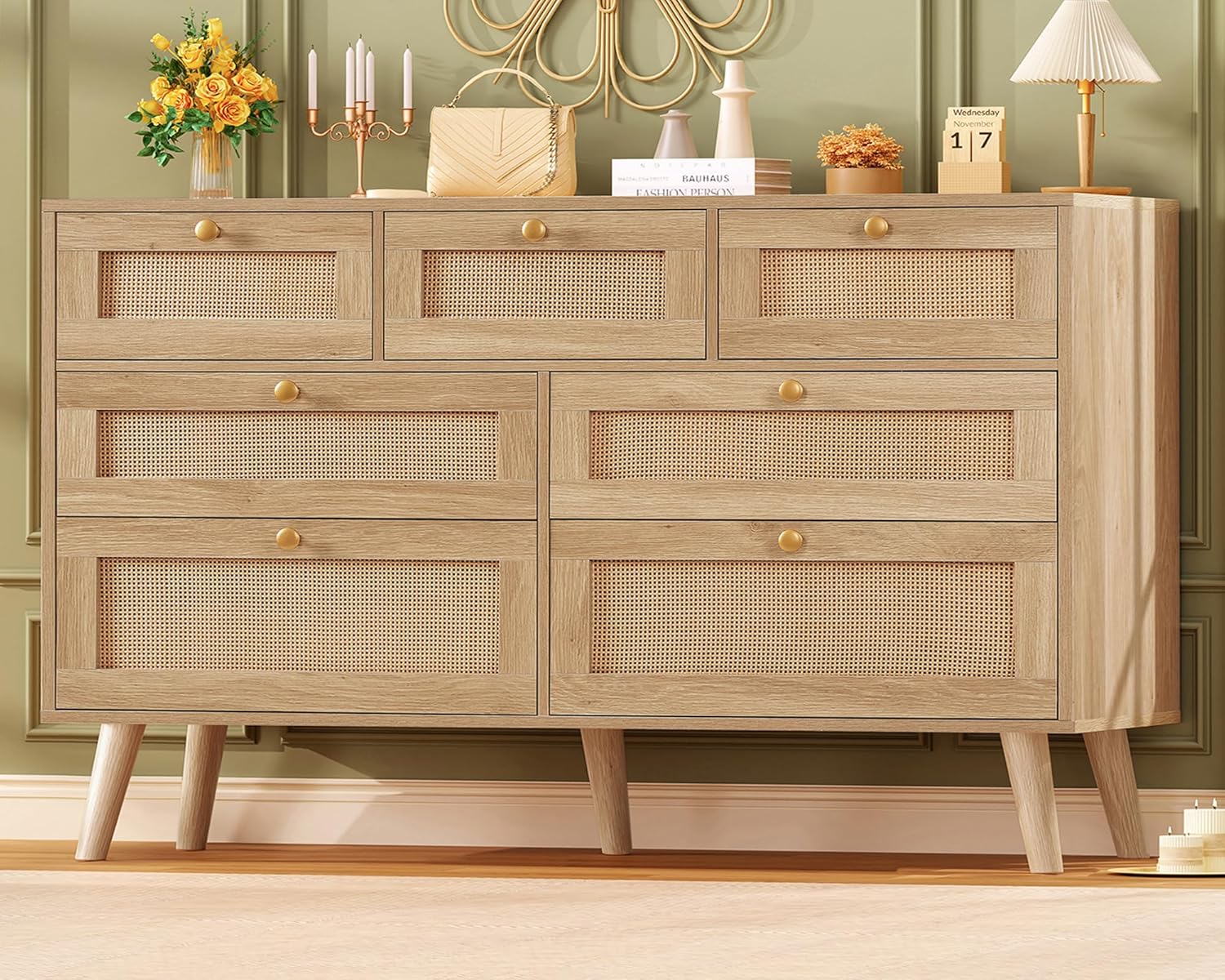 6 Drawer Double Dresser with Solid Wood Legs