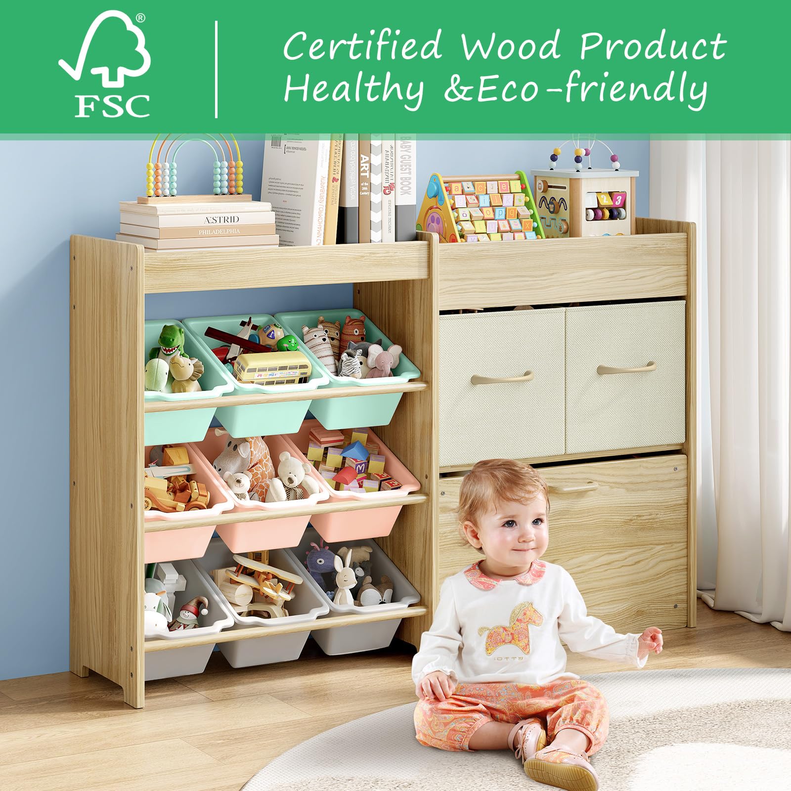 EXPERLAM Toy Storage Organizer for Kids, 9-Bin Toy Organizer with 2-Drawers,Movable Toy Chest and Top Rack, Kids Bookshelf and Toy Storage for Playroom, Bedroom, Nursery, Multi-Color