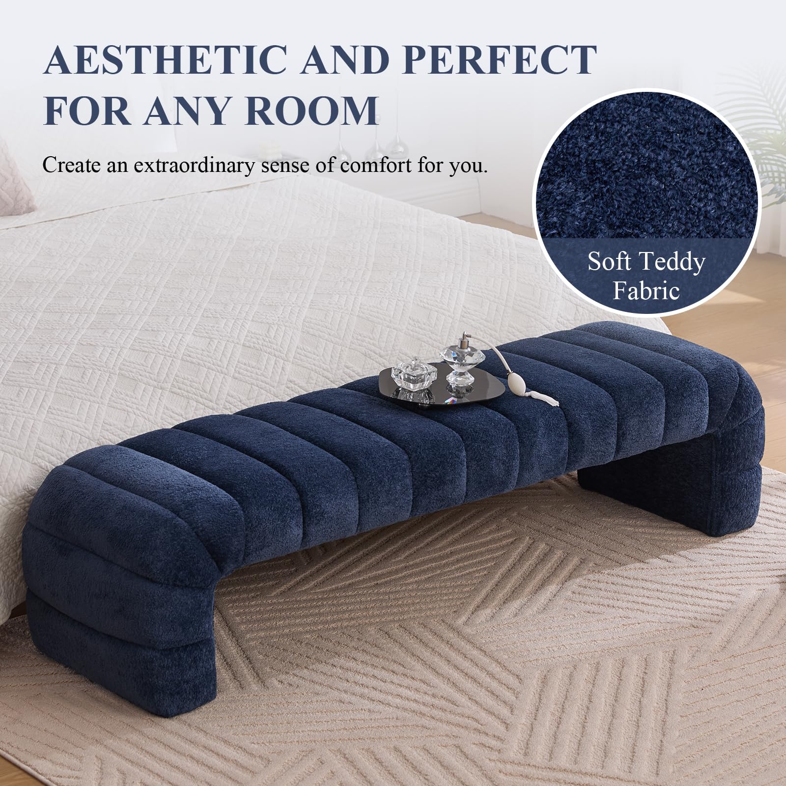 Ottoman Bench Navy Teddy Upholstered