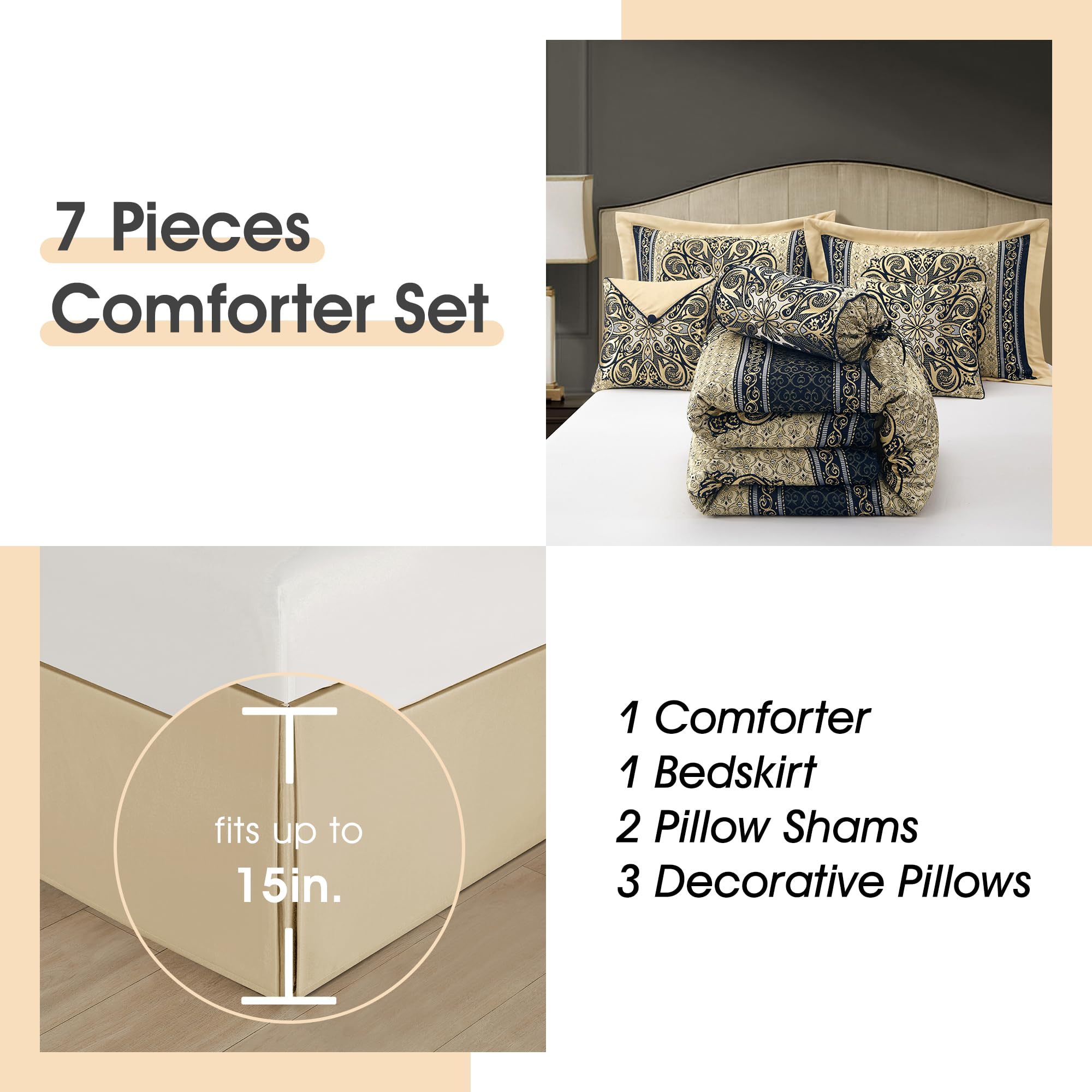 California King Comforter Set Navy Medallion Jacquard 7 Piece