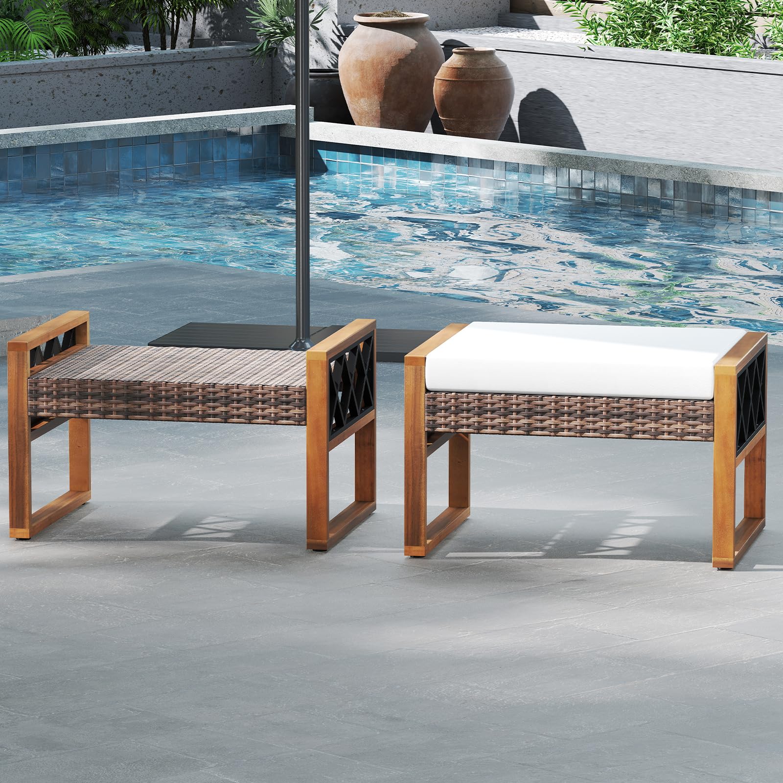 Wicker Outdoor Ottomans Set of 2 with Removable Cushions