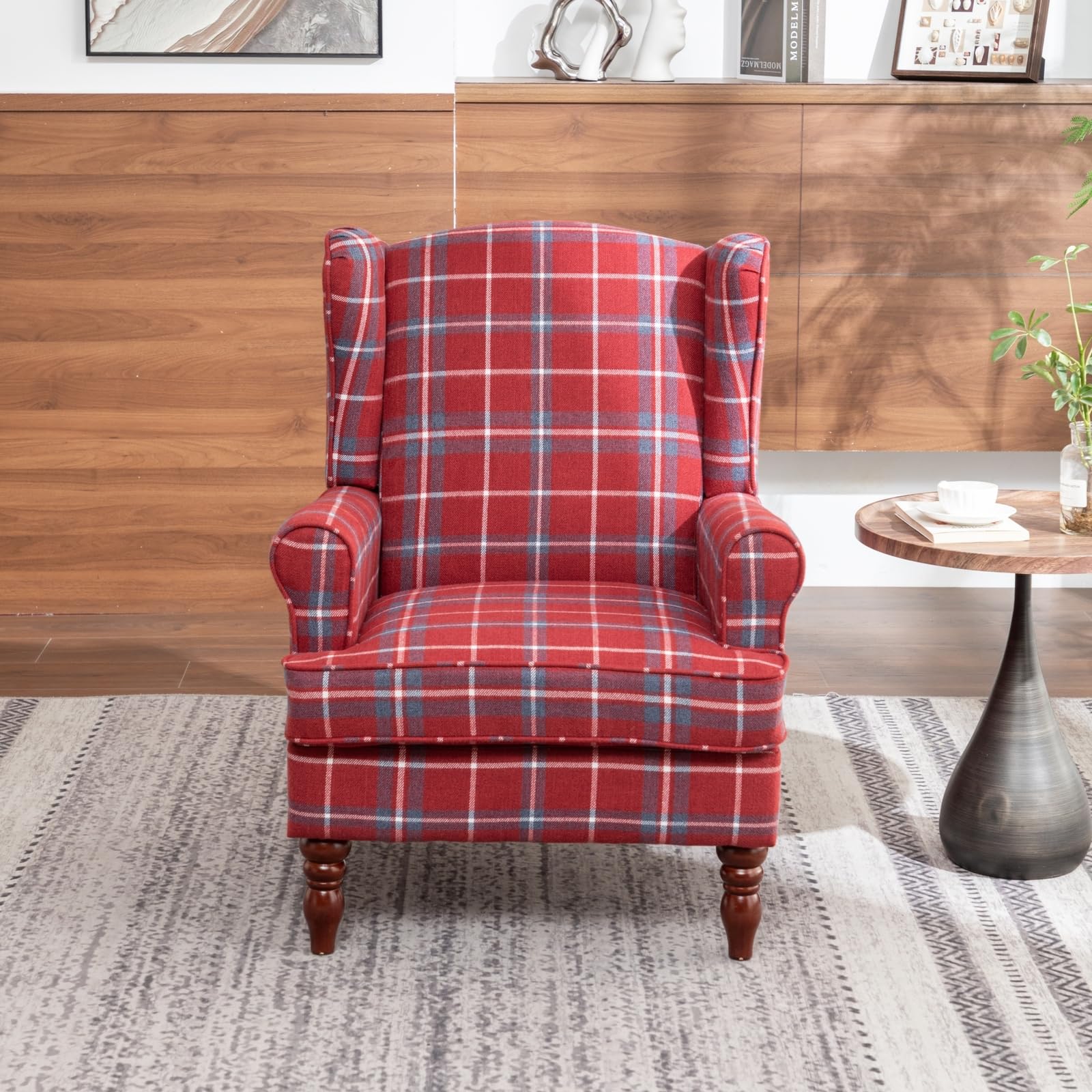 Vintage Tartan Wingback Armchair with Solid Wood Legs