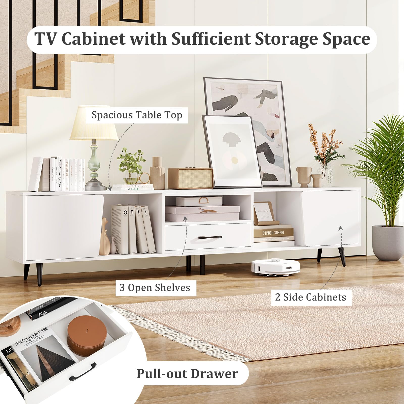 79" White TV Stand with Power Outlets and Storage