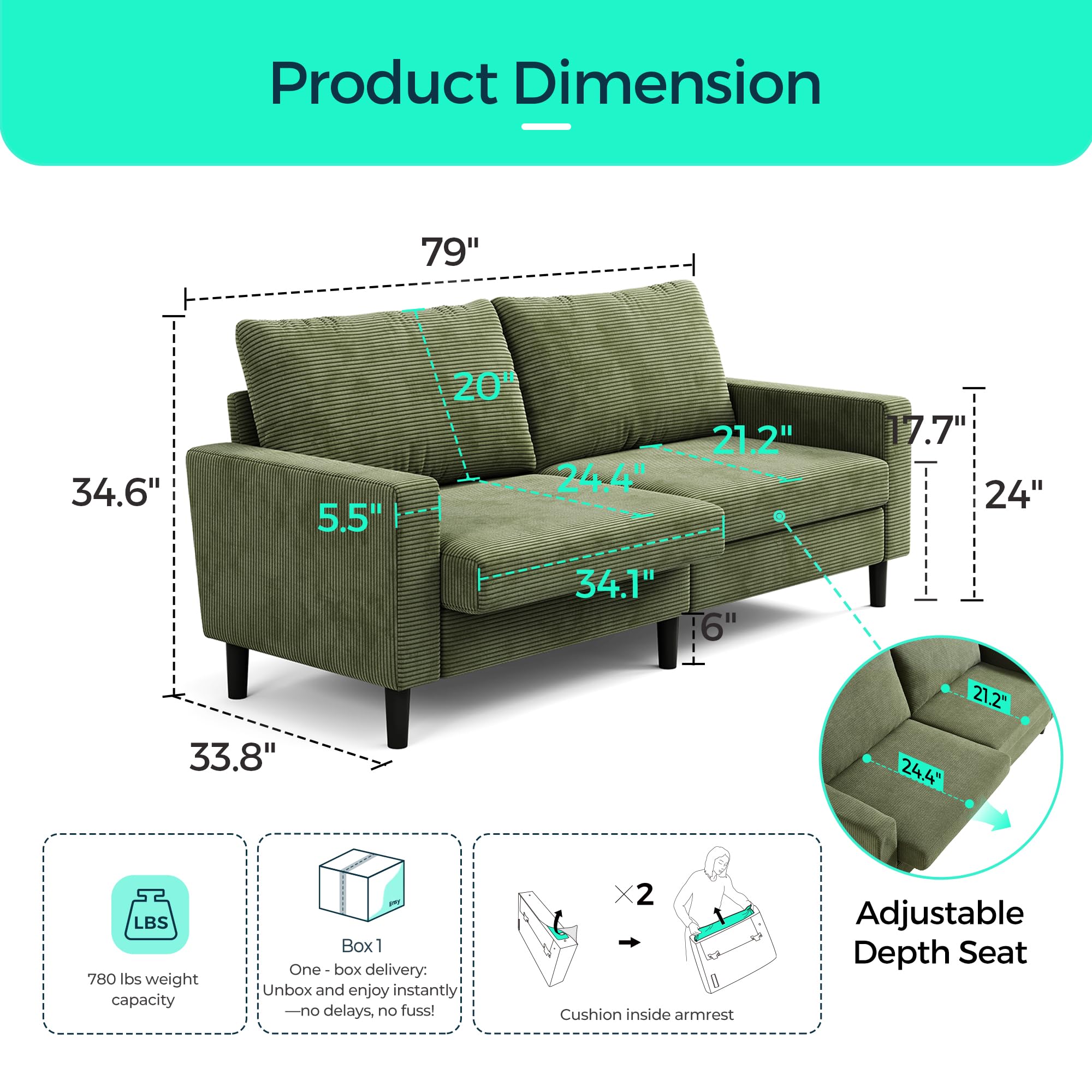 79-Inch Corduroy Loveseat Sofa with Adjustable Seat Depth
