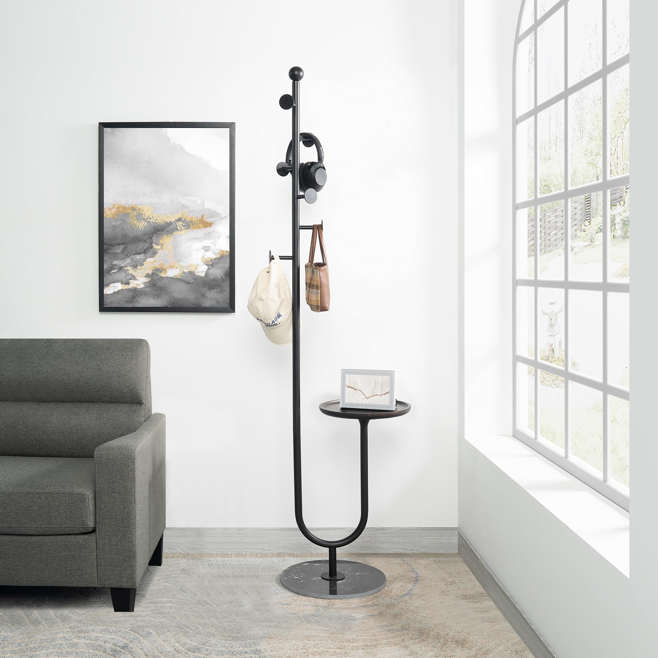 Freestanding Coat Rack with Table and 6 Hooks