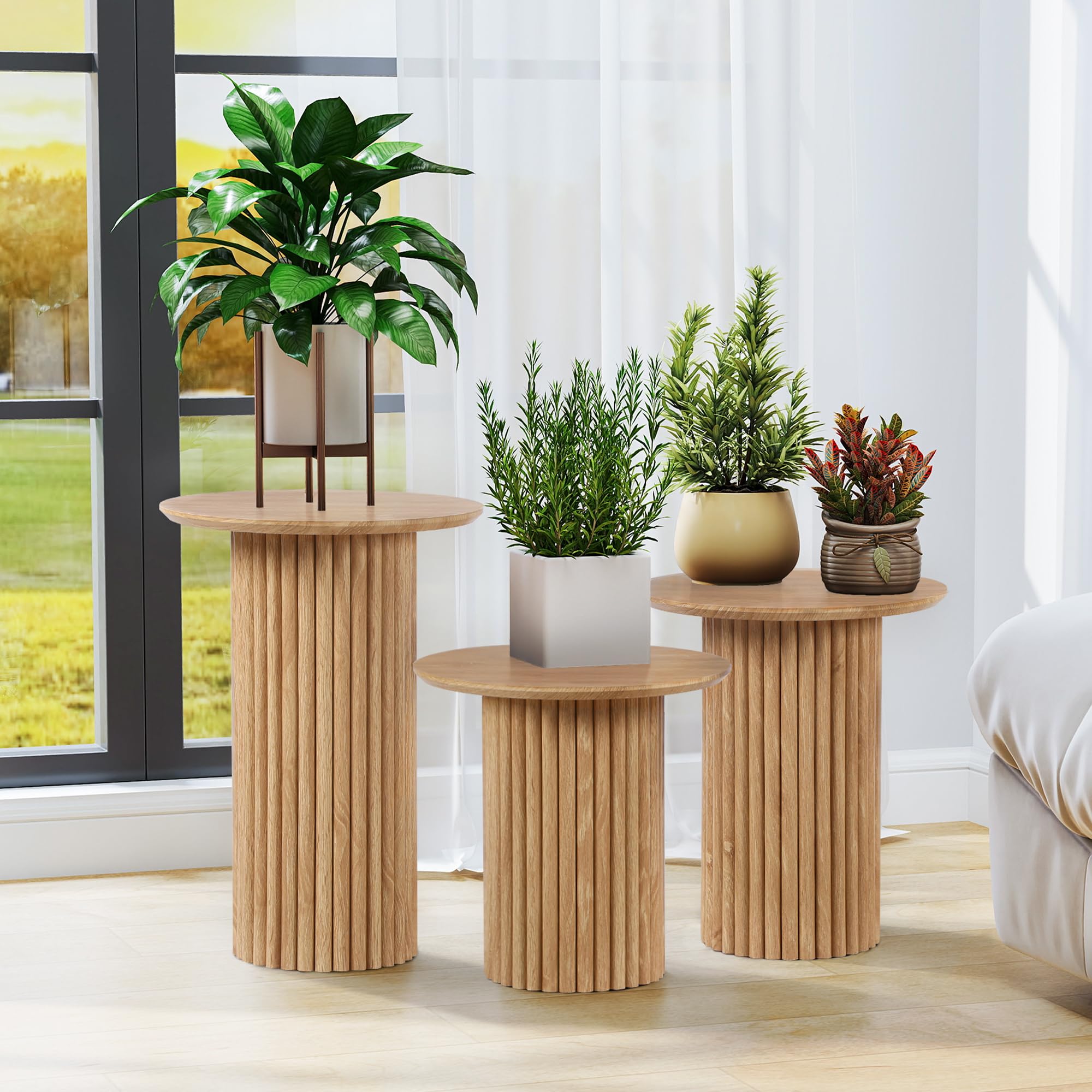 Round Nesting Coffee Table Set of 3 Mid Century Modern Fluted