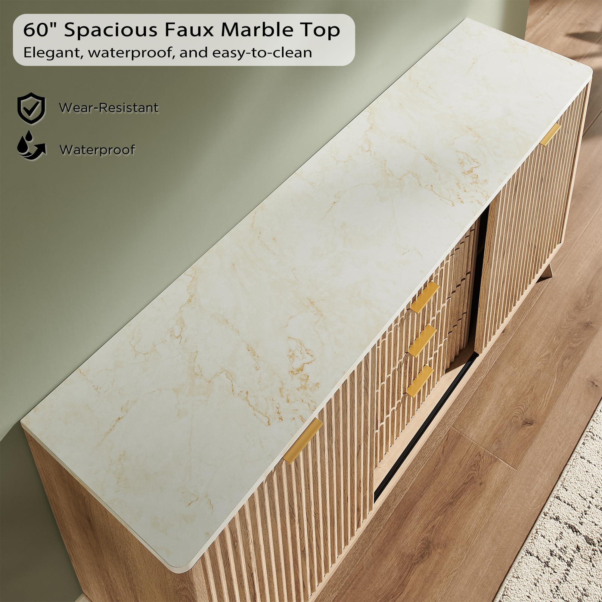 Fluted Buffet Cabinet with Faux Marble Top