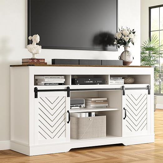 Farmhouse TV Stand for 65+ Inch TV with Storage Cabinets and Sliding Barn Doors