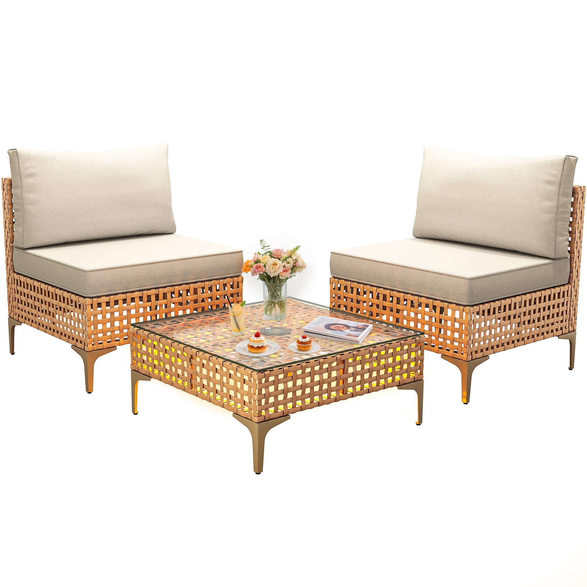 3-Piece Wicker Patio Furniture Set with Solar Light Table
