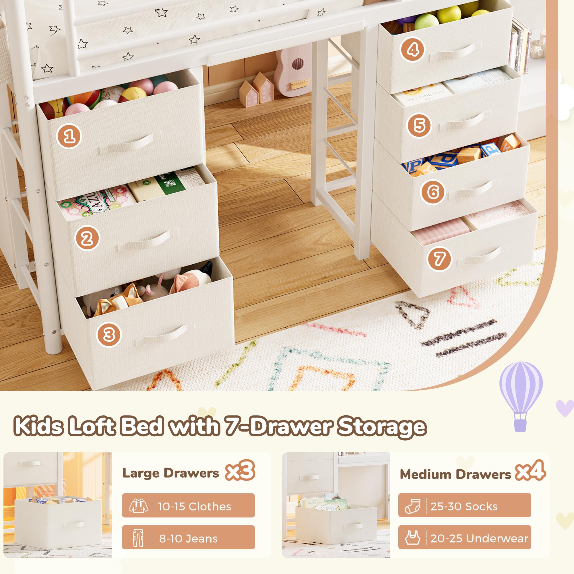 Twin Loft Bed with 7 Storage Drawers Desk and LED Lights