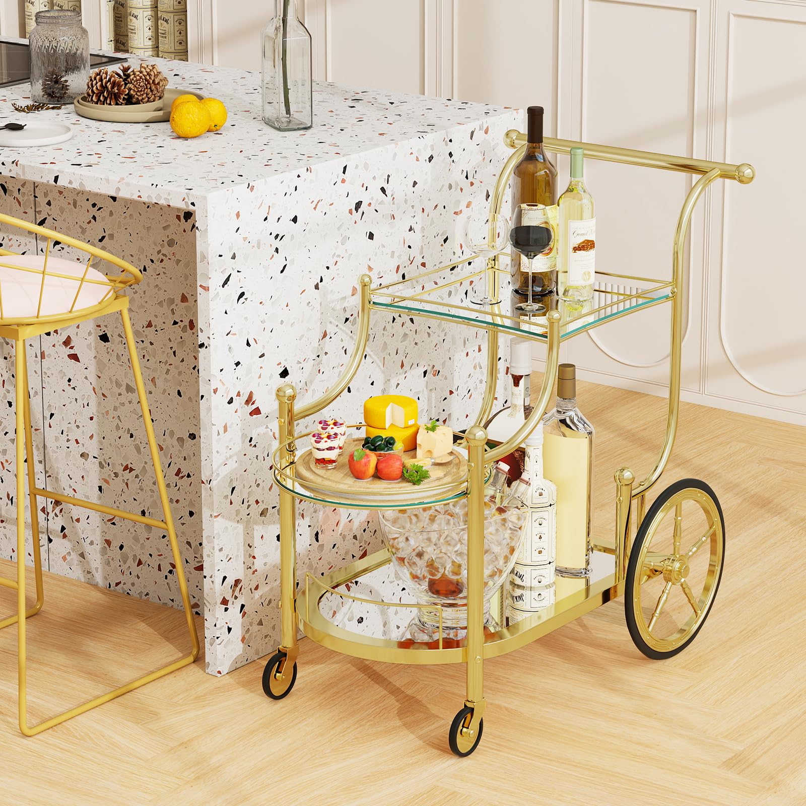 3-Tier Rolling Bar Serving Cart with Mirrored Shelves
