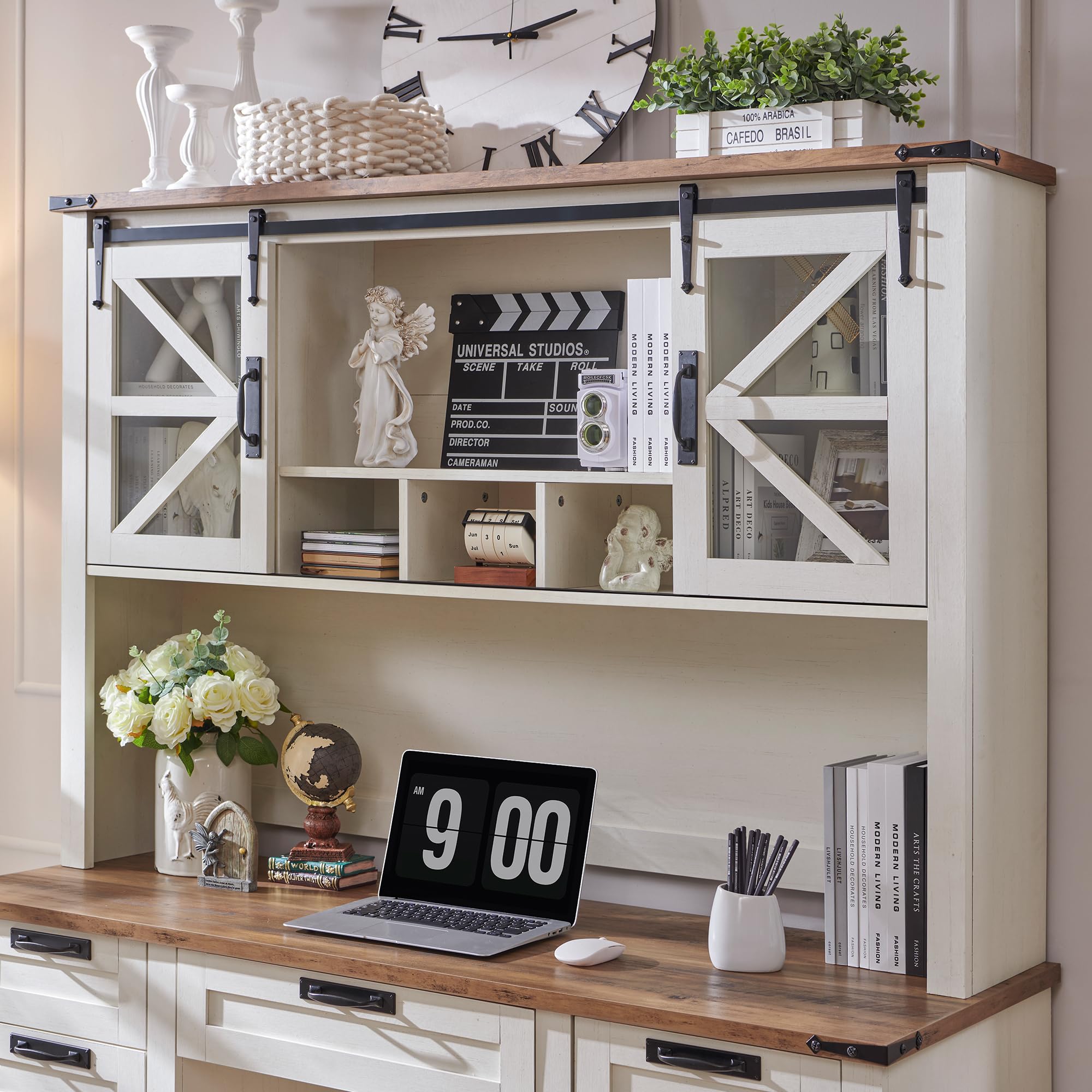 60" Farmhouse Desk with Hutch and Storage Cabinet