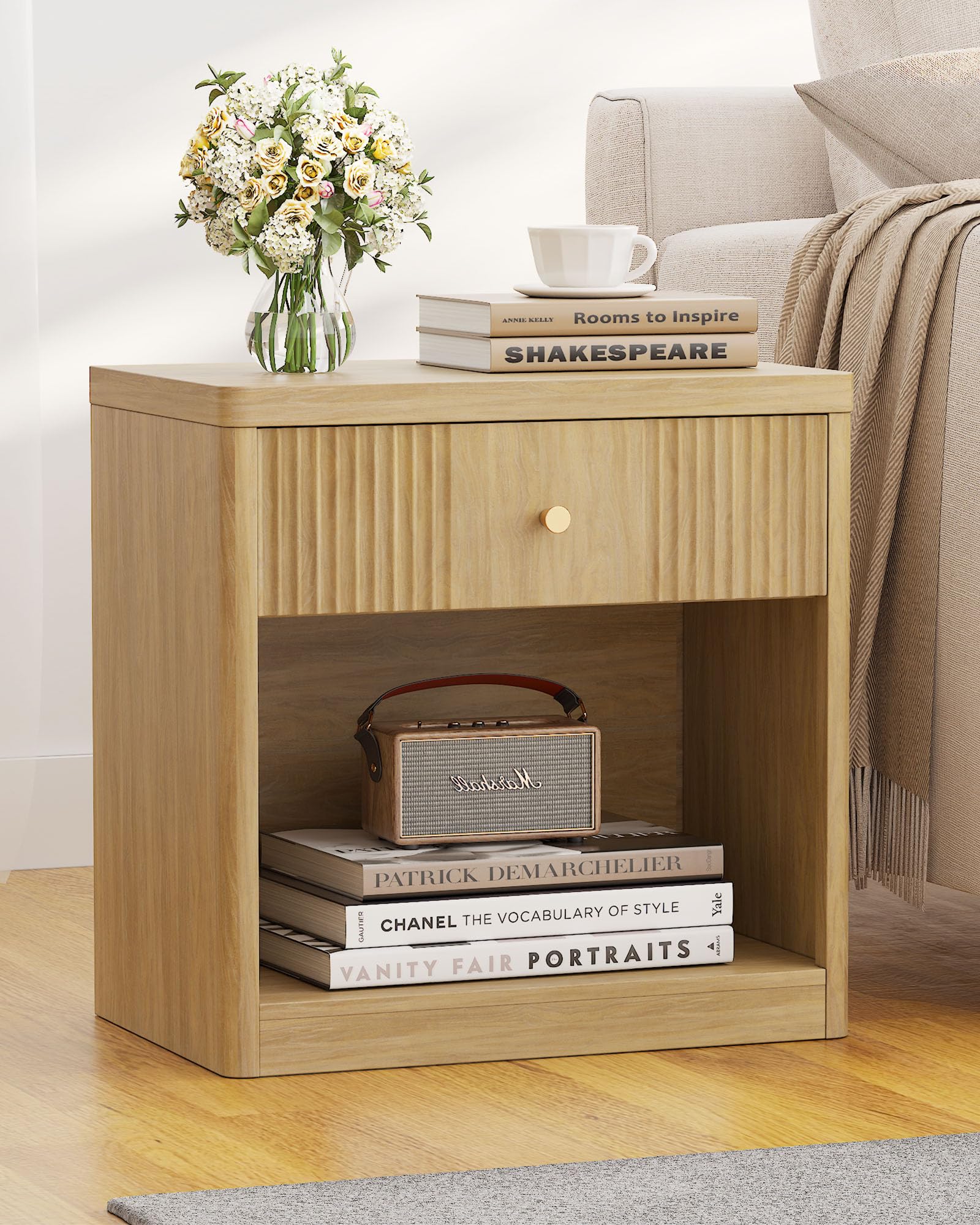 Fluted Nightstand Set of 2 with Drawer and Storage