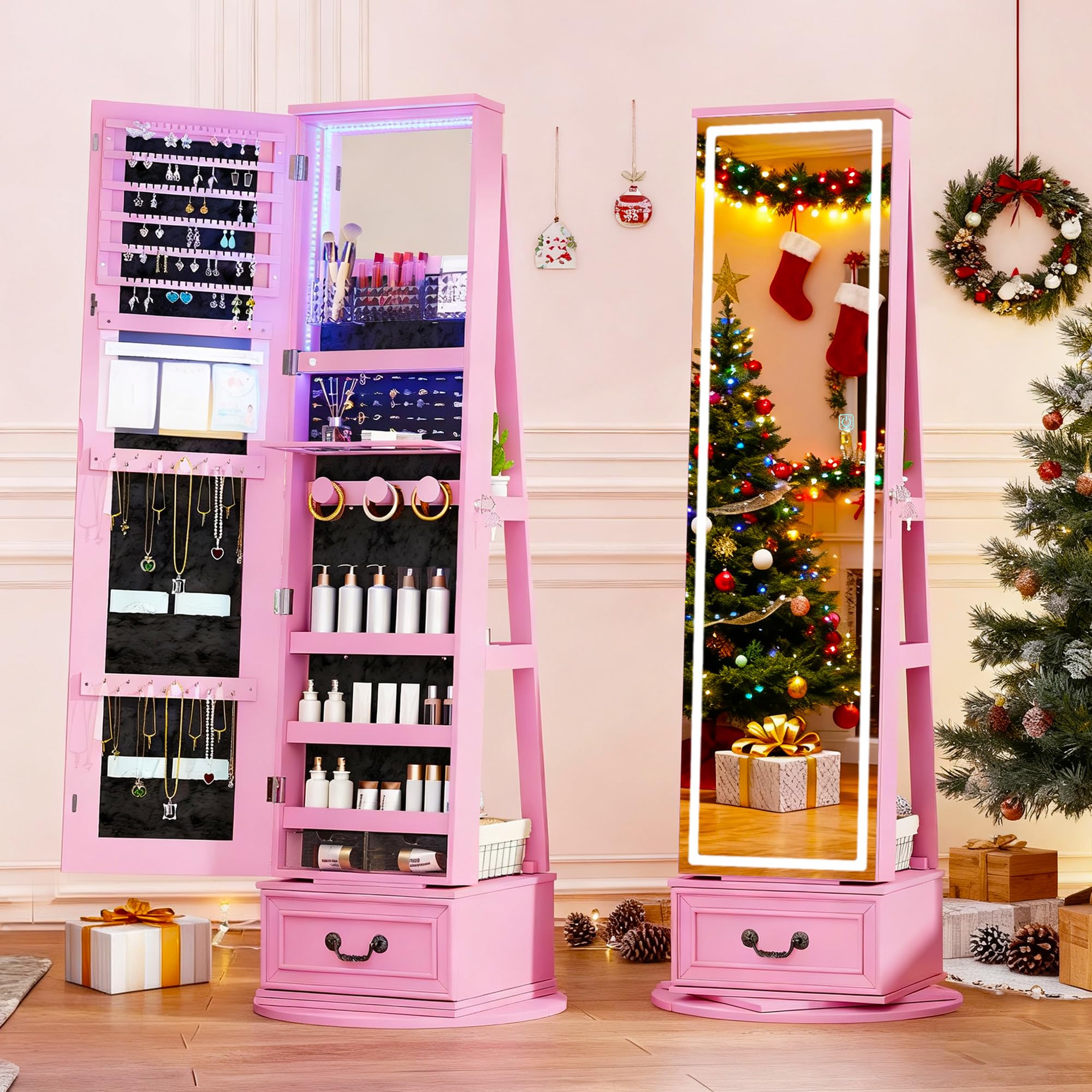 LED Mirror Jewelry Cabinet with 360° Swivel and Storage Drawer