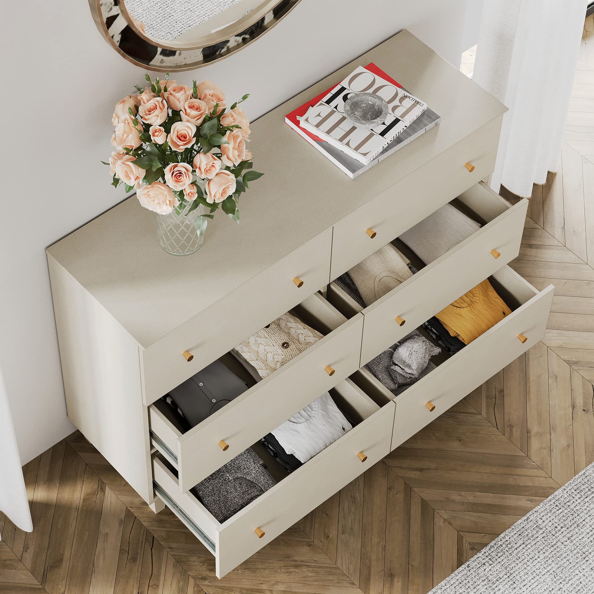 6-Drawer Dresser with Solid Wood Legs - Beige
