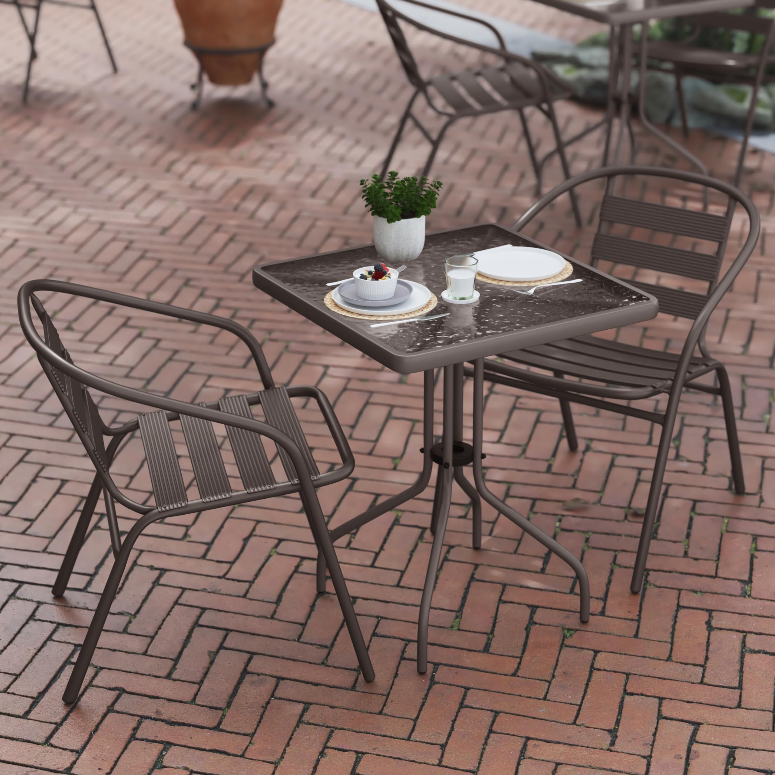 Flash Furniture TLH-0731SQ-017CBZ2-GG Lila 23.5'' Square Glass Table with 2 Metal Aluminum Slat Stack Chairs, Bronze