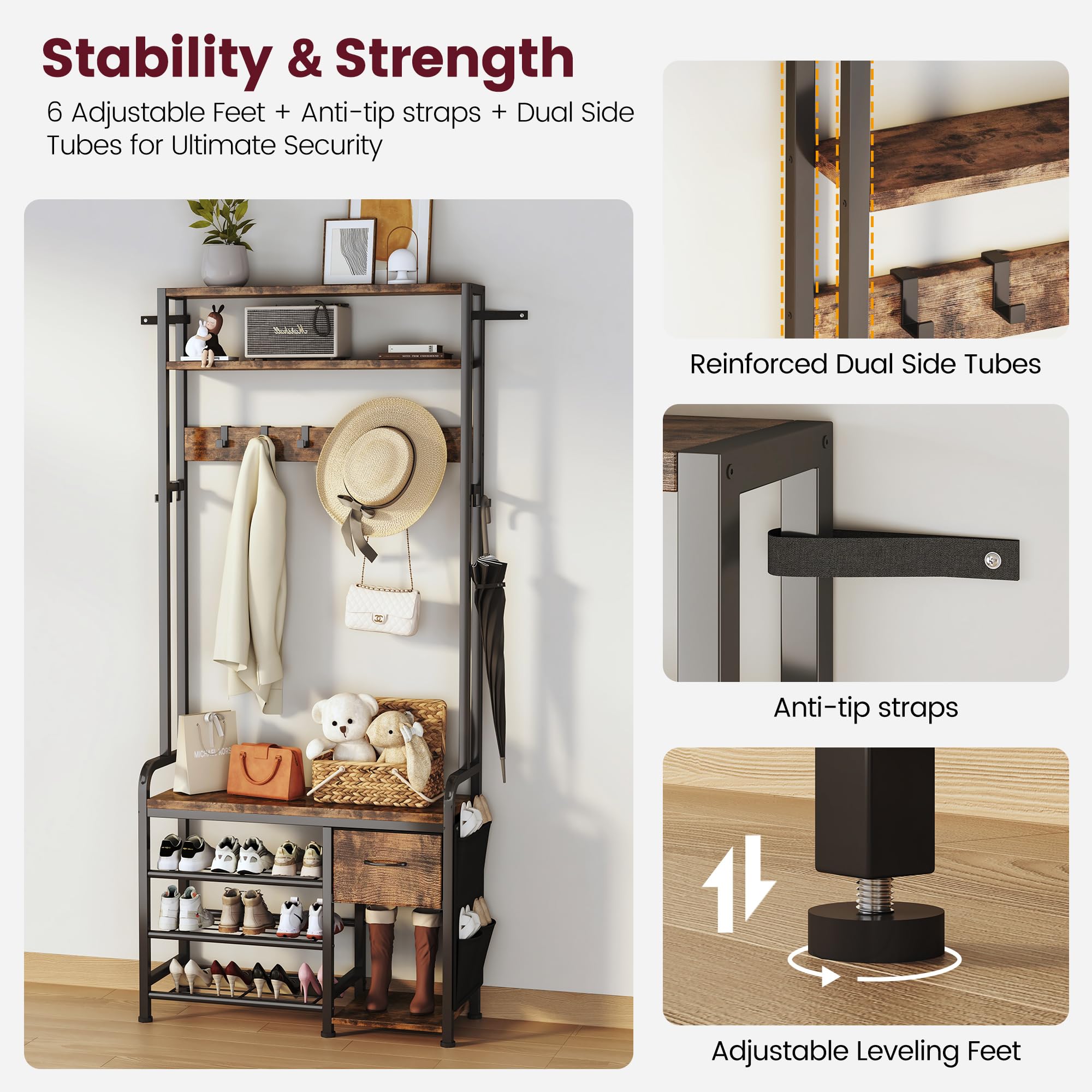 3-in-1 Hall Tree with Bench and Shoe Storage