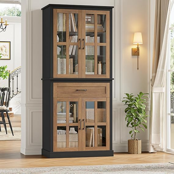 Kitchen Pantry Cabinet with Glass Doors and Drawer