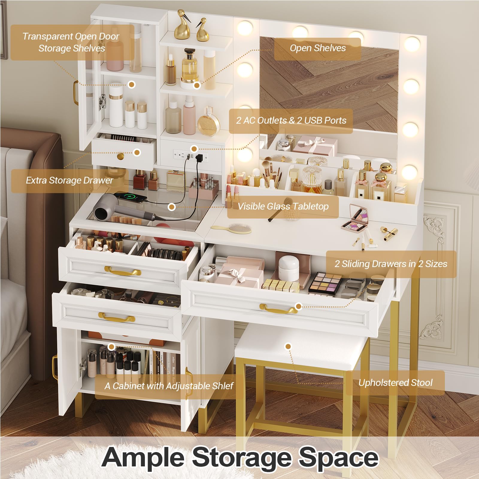 Makeup Vanity Desk with Lighted Mirror and Charging Station