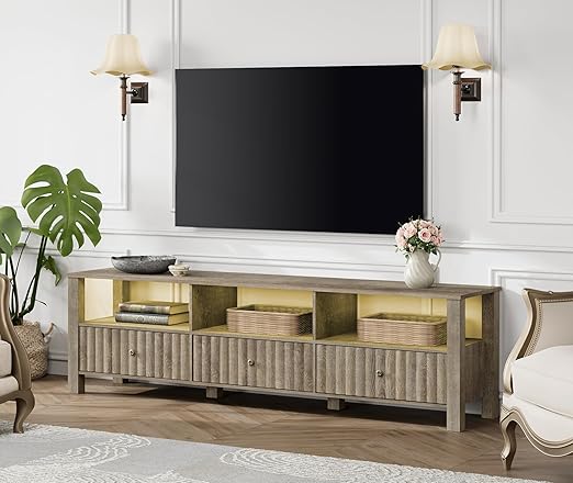 White TV Stand with Storage and LED Light - 70 Inch