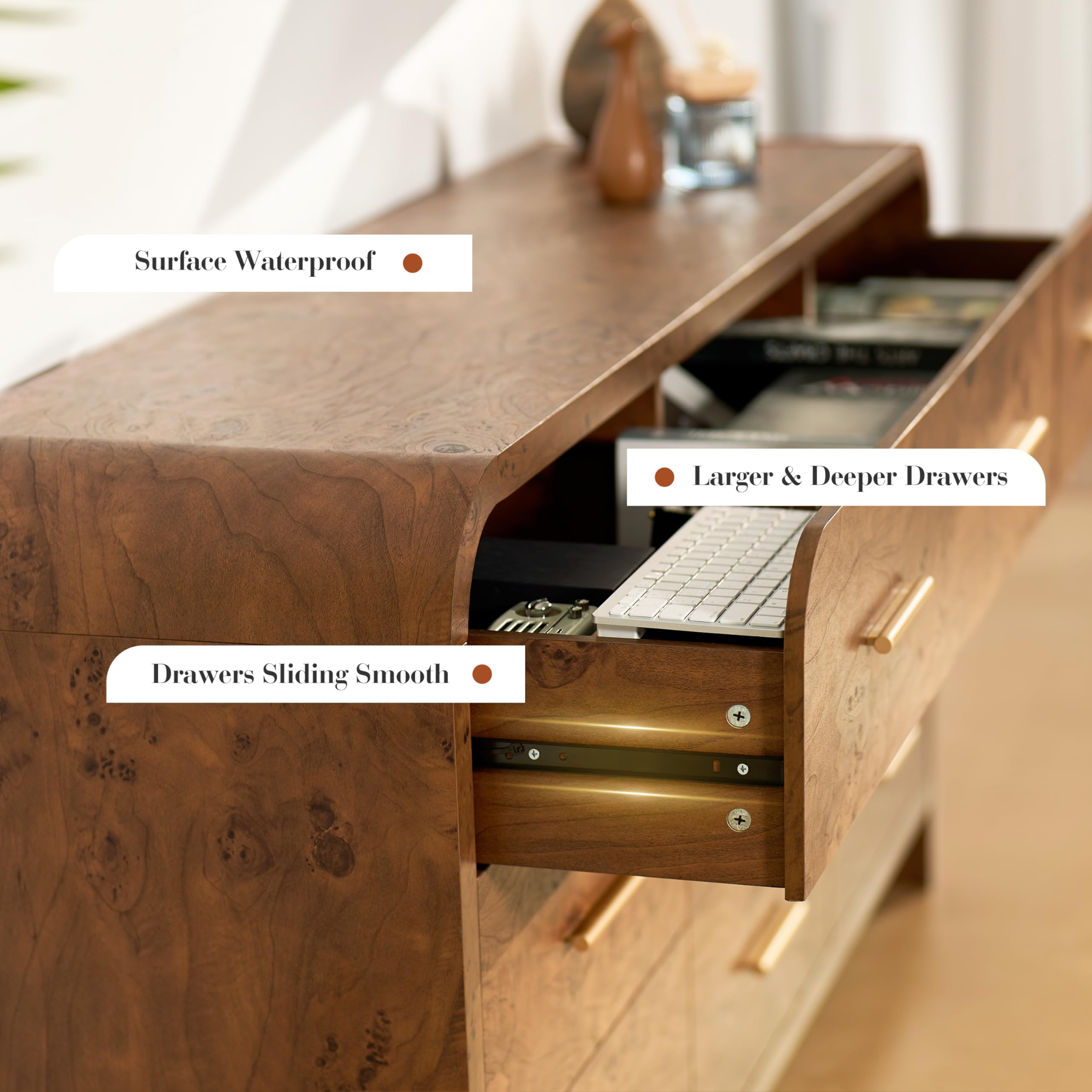 Curved 9-Drawer Dresser 63 Inch Wide Modern Chest Dark Burl