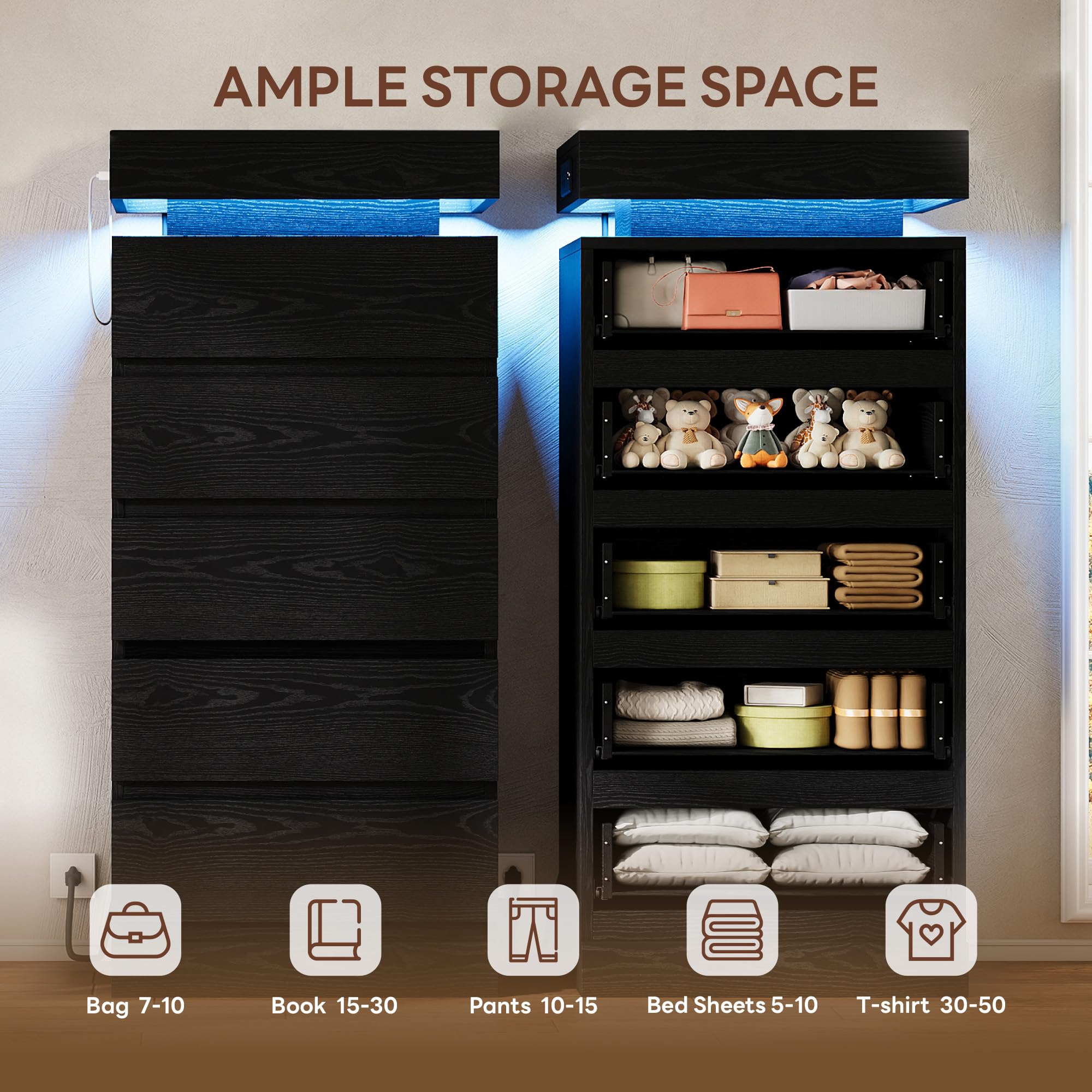 54" Tall 5 Drawer Dresser with LED Light and Power Outlet