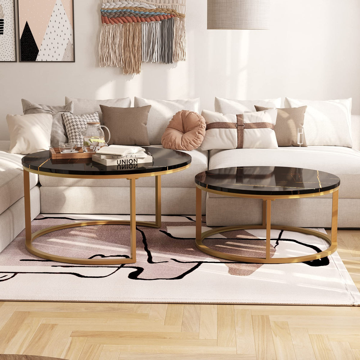 Round Nesting Coffee Tables Set of 2 - Gold Frame with Black Marble Top