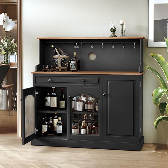 Coffee Bar Cabinet with Storage and Glass Doors