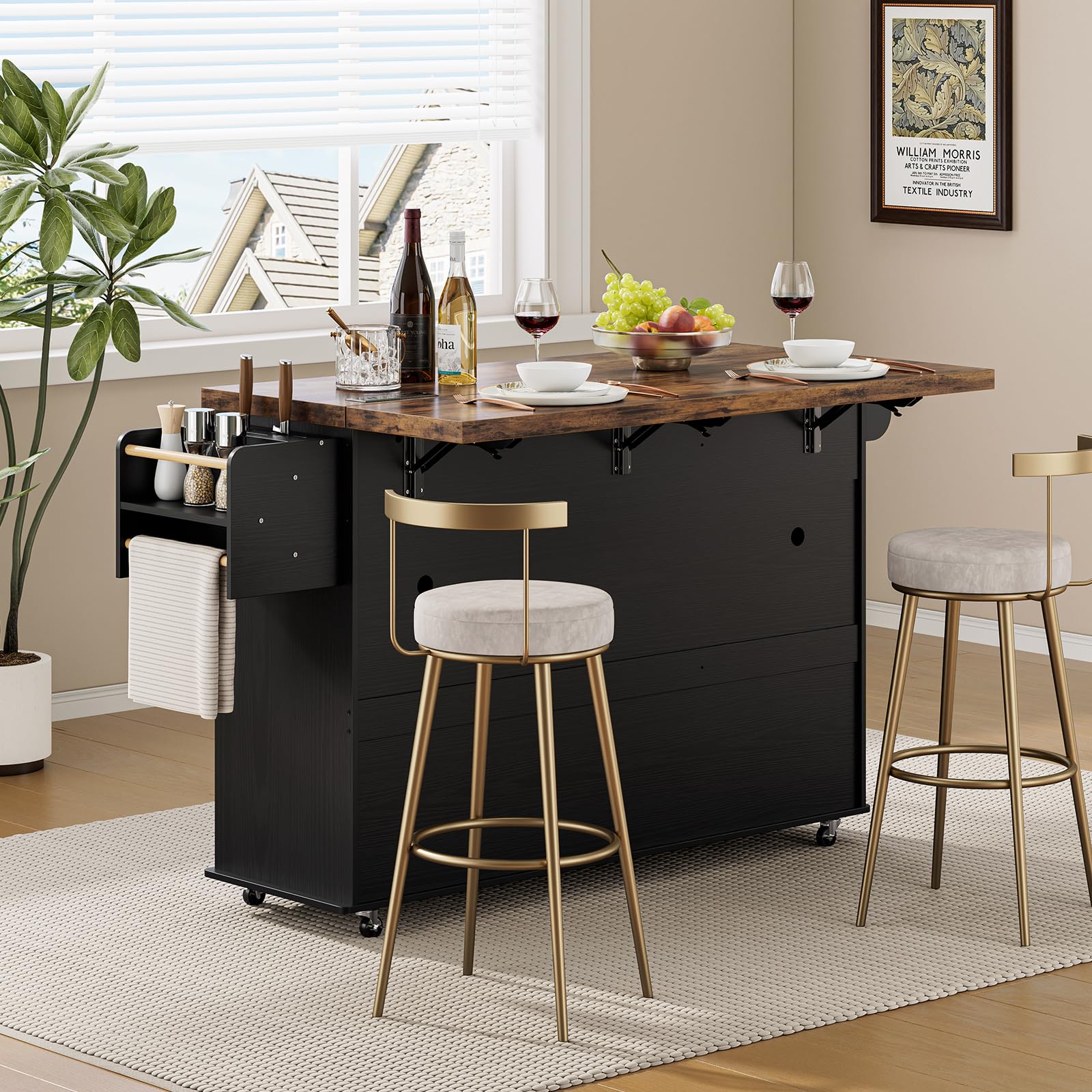 60" Kitchen Island with Power Outlet and Drop Leaf