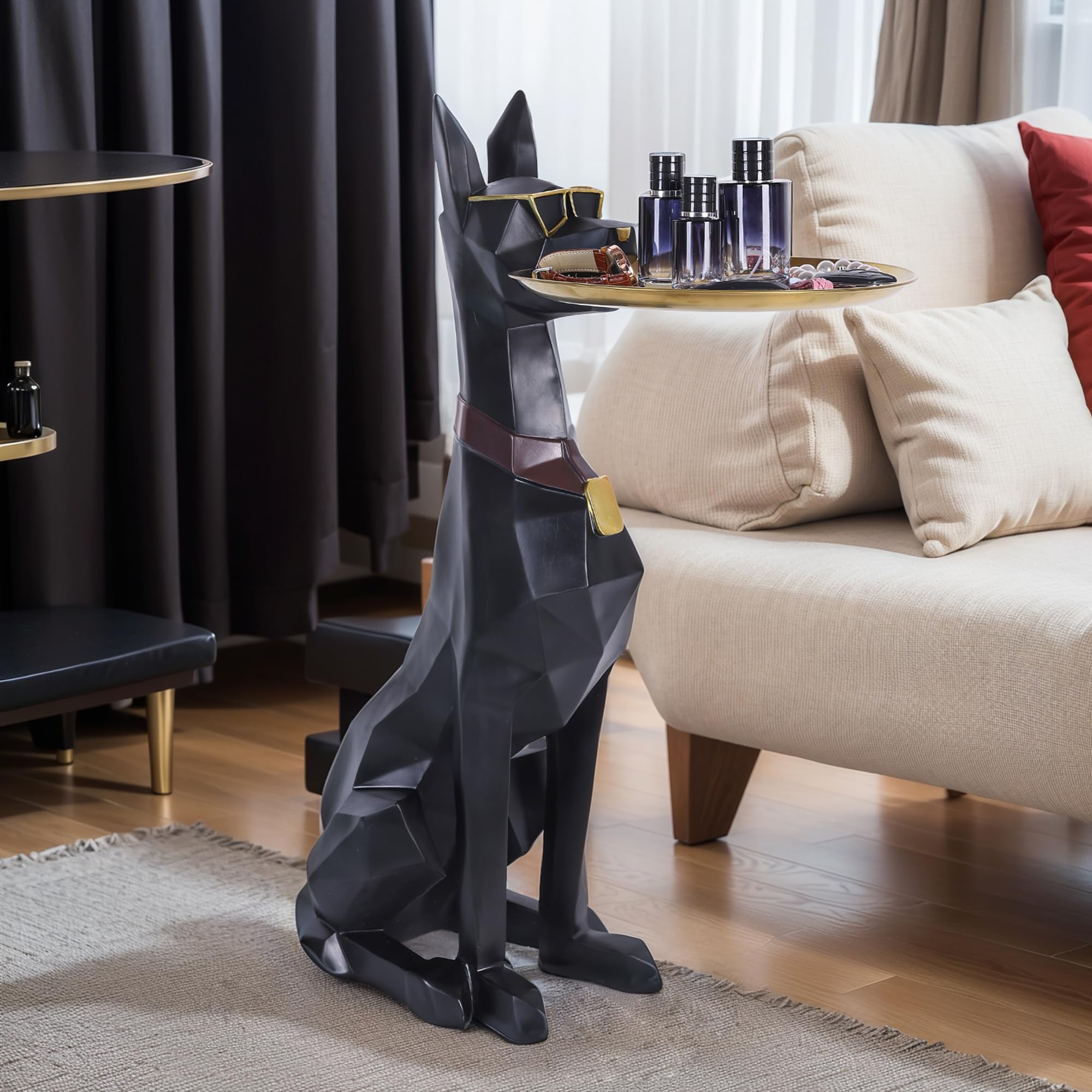 Geometric Dog Butler Statue Accent Table with Tray