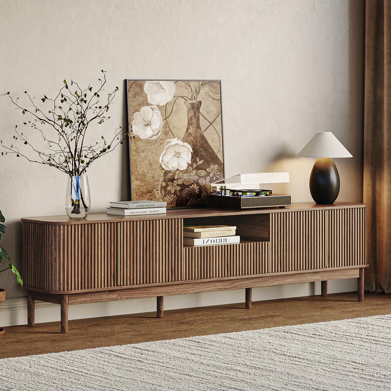 86.6" Fluted TV Stand with Storage Cabinet and Sliding Doors