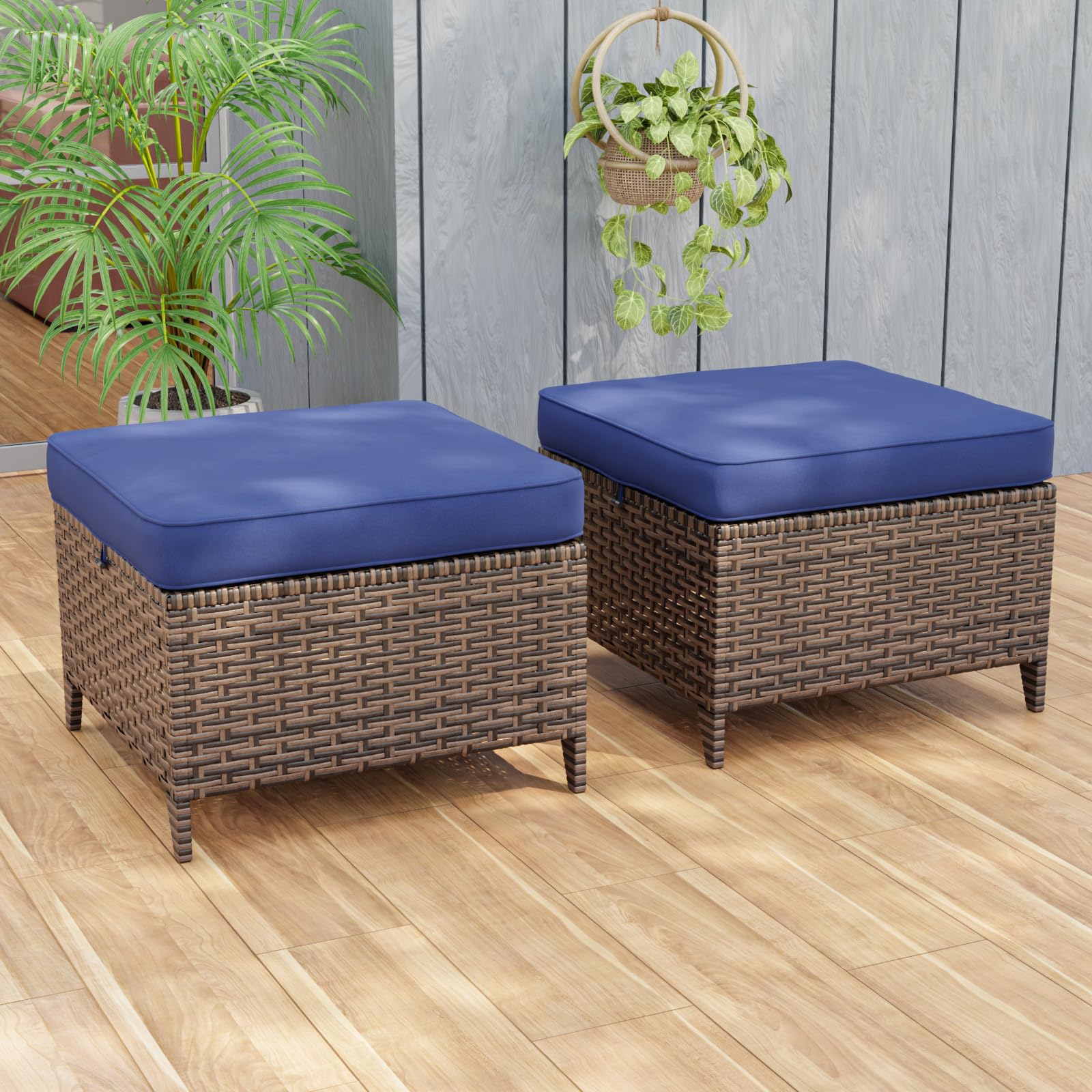 Wicker Outdoor Ottomans Set of 2 with Removable Cushions