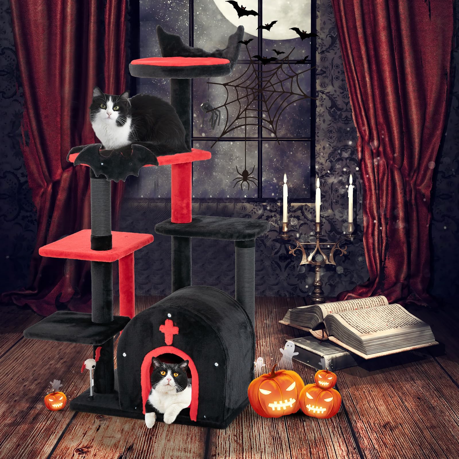 Gothic Cat Tree 53 Inch with Coffin Bed