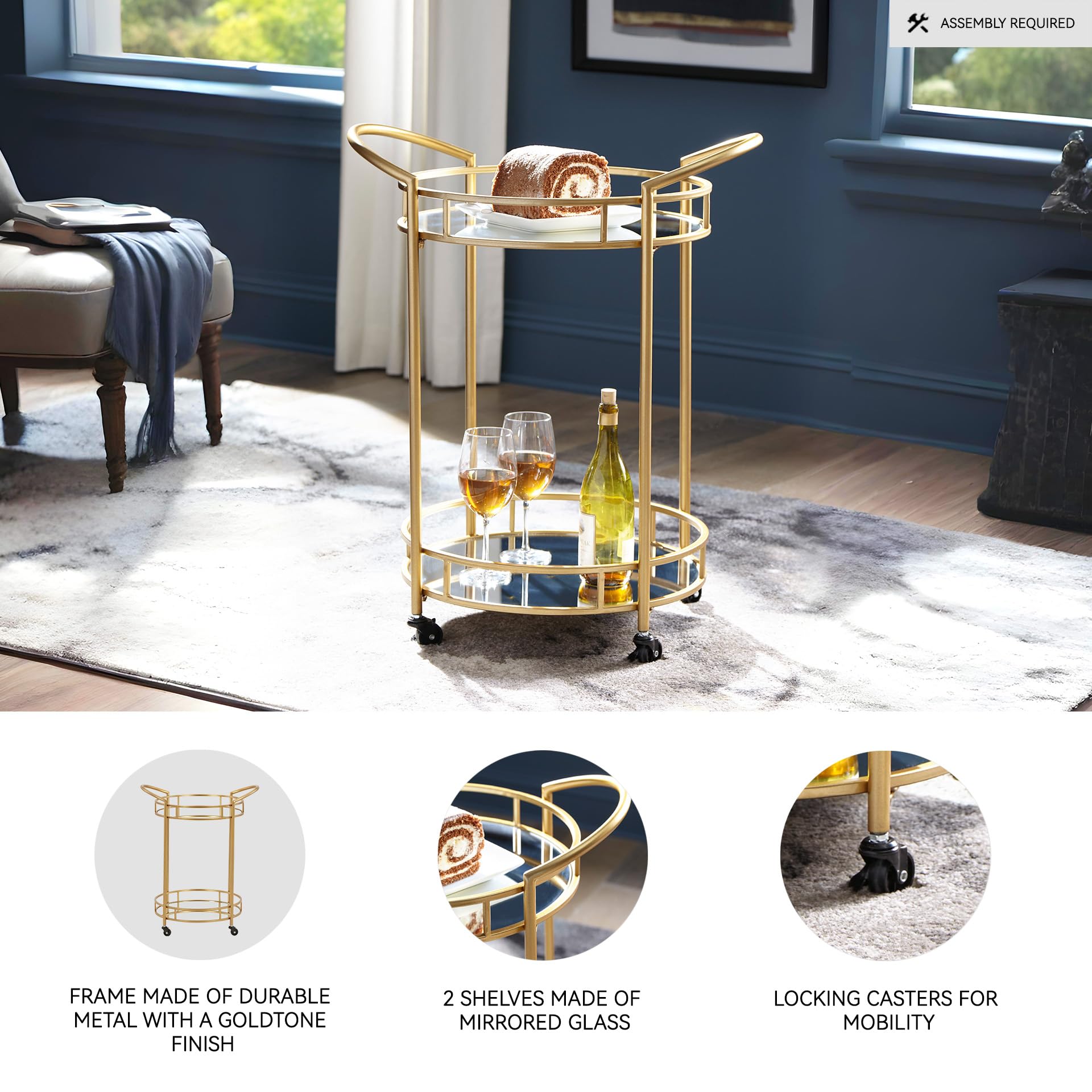 Round Modern Bar Serving Cart with 2 Mirrored Shelves
