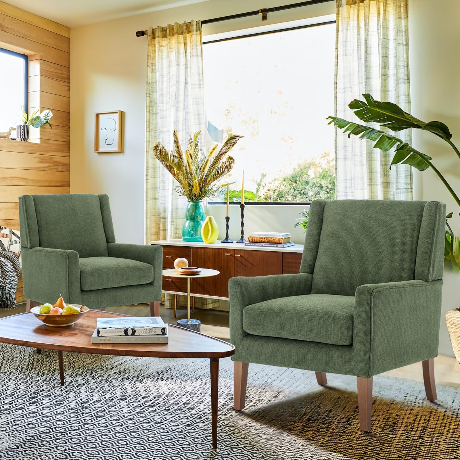 Mid-Century Modern Wingback Accent Chair Set of 2 - Green Chenille Upholstered