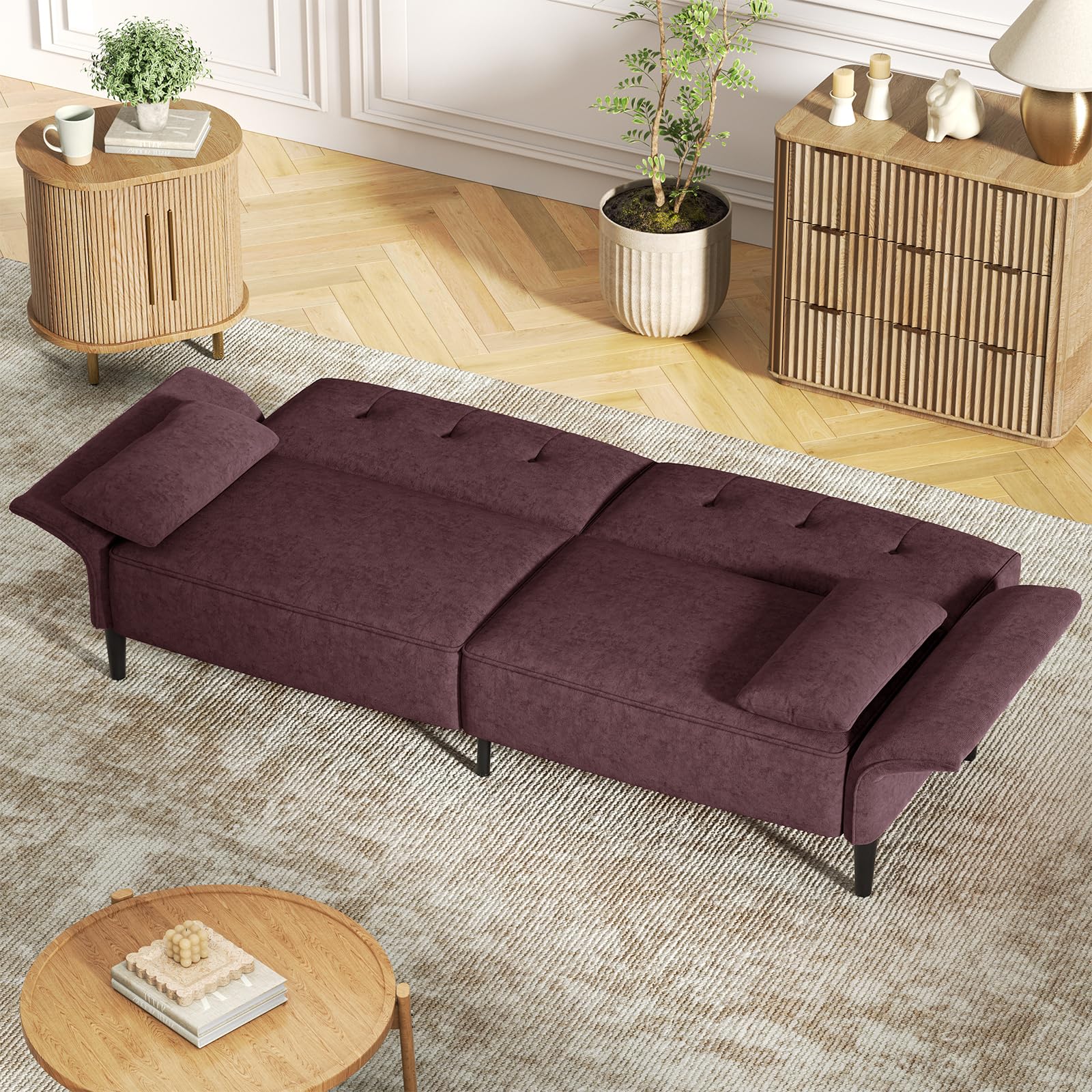 Convertible Futon Sofa Bed with Adjustable Backrest and Armrests