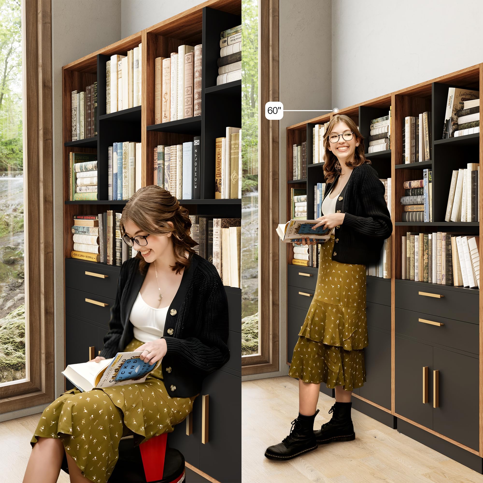 Wood Bookcase with 2 Drawers and Doors
