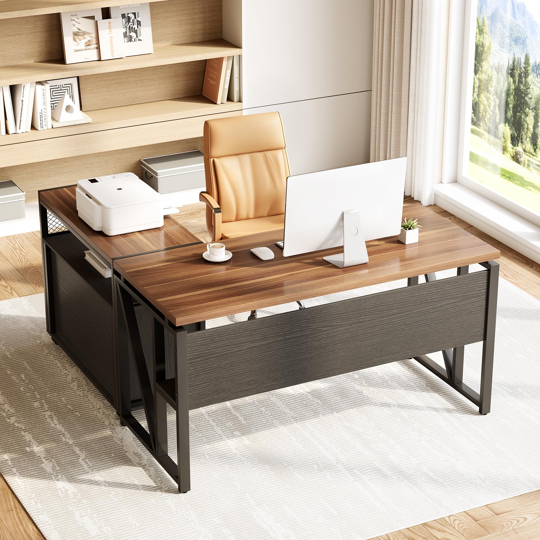 55" Executive L-Shaped Computer Desk with Lateral File Cabinet