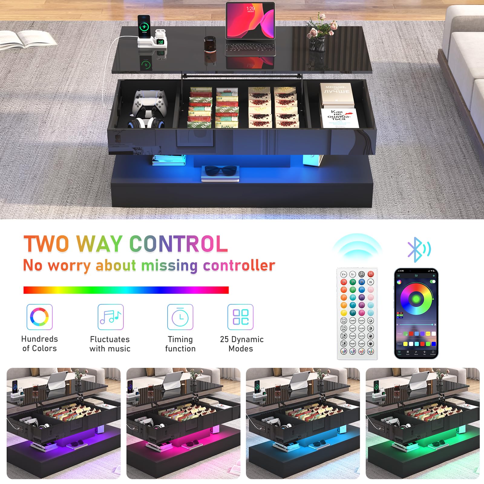 Lift Top Coffee Table with LED Lights and Storage