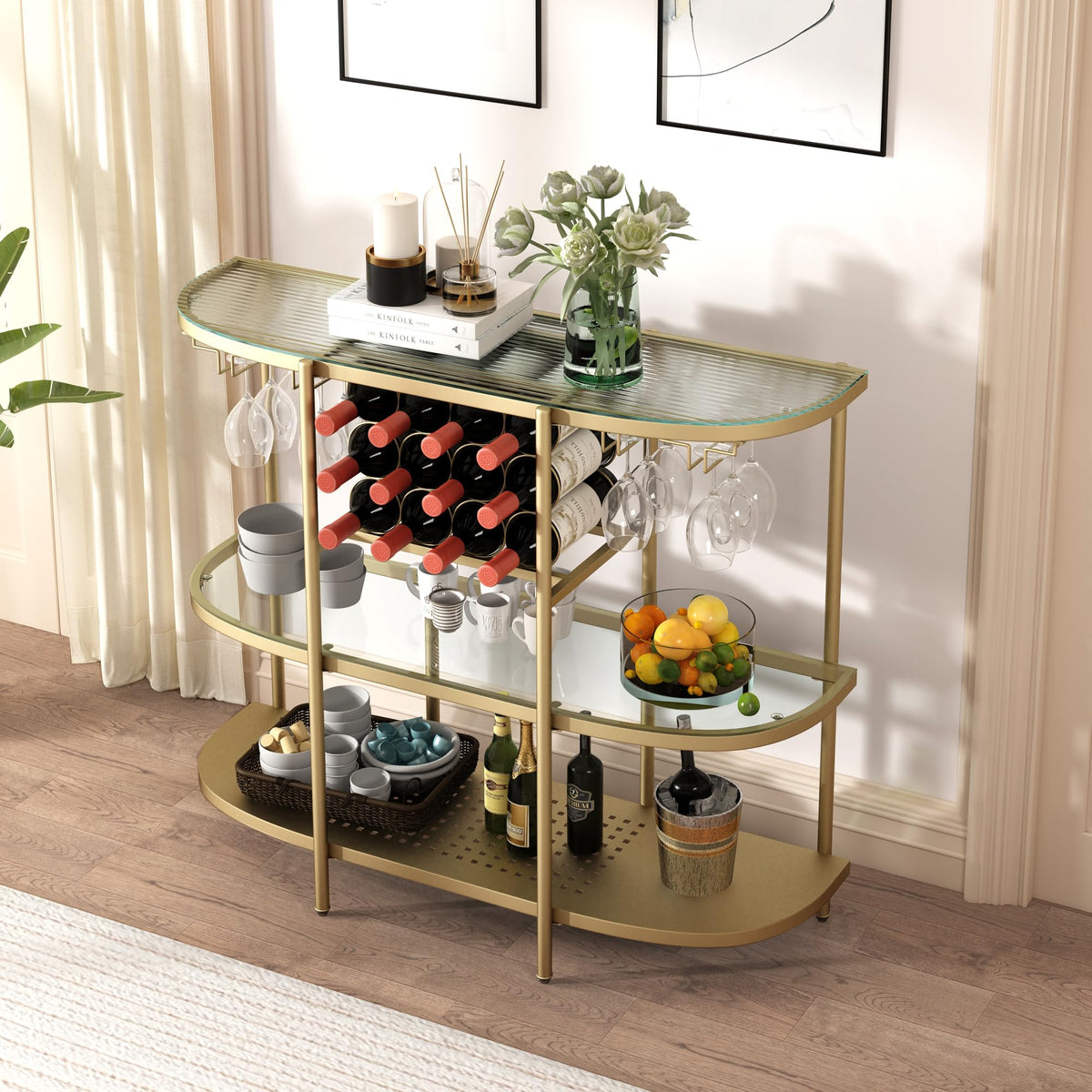 3 Tier Wine Bar Table with Glass Holders and Storage Shelf