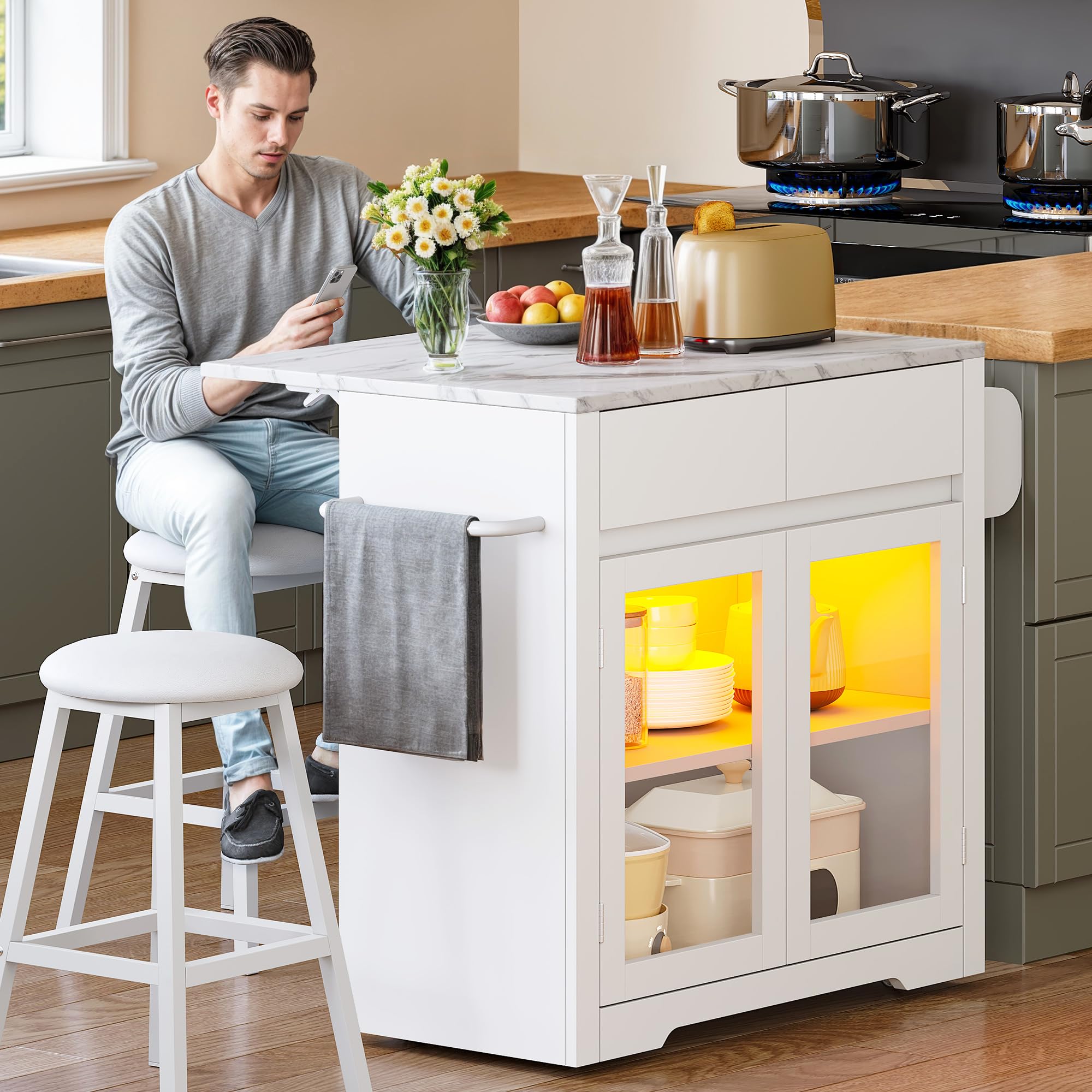 Rolling Kitchen Island with Seating and LED Lights