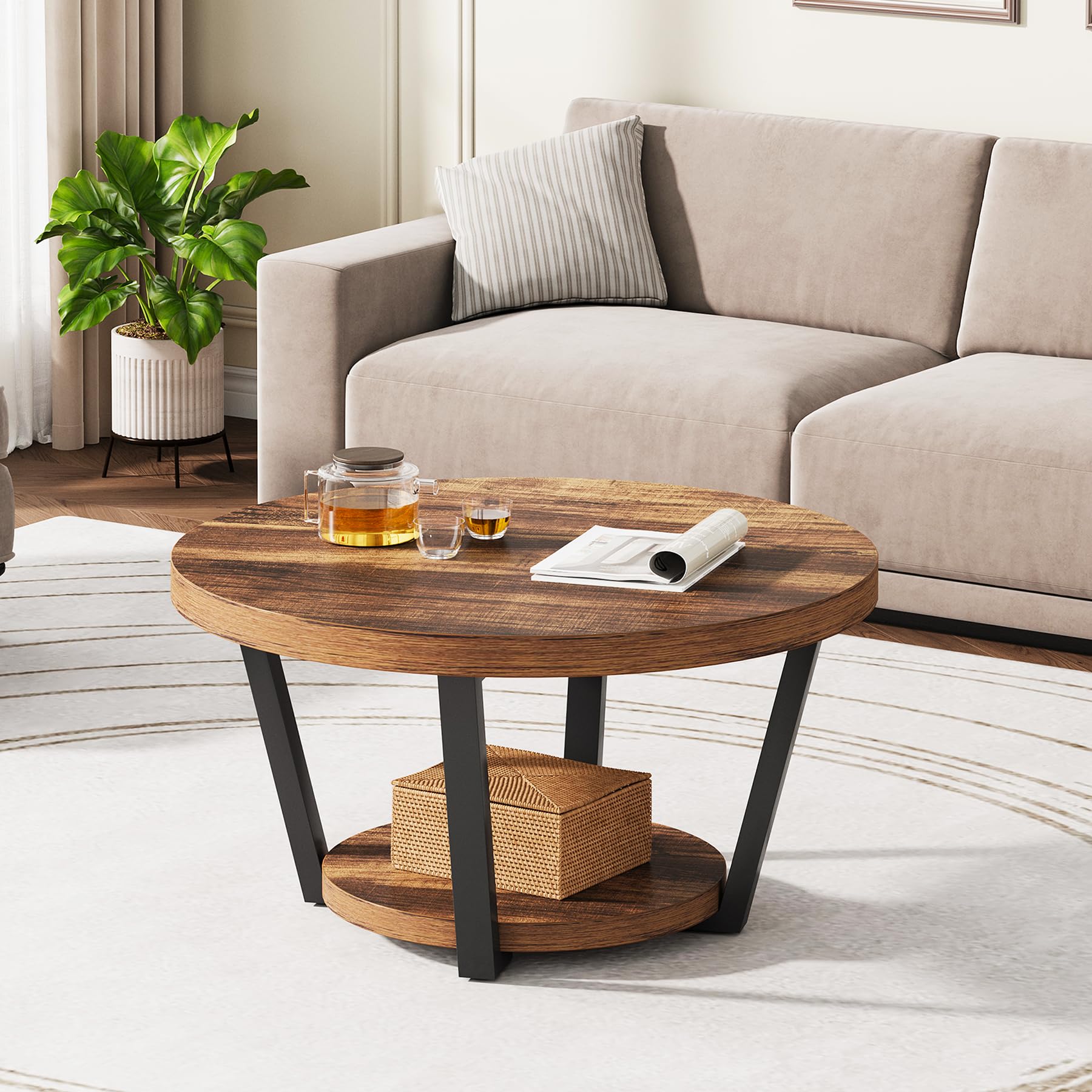 Round Coffee Table with Storage Shelf