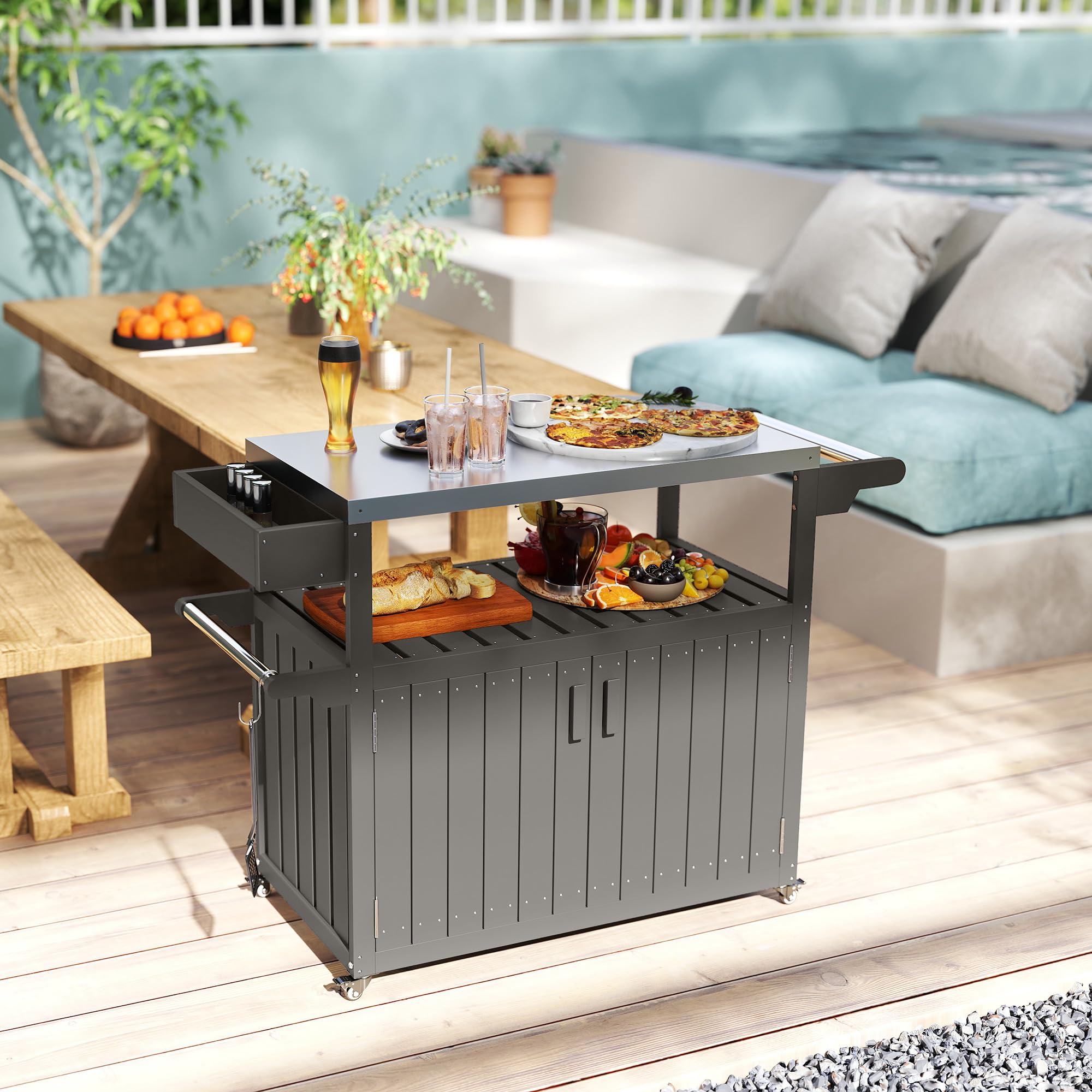 Outdoor Bar Cart with Storage Cabinet and Stainless Steel Top