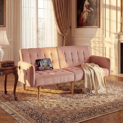 65" Convertible Futon Sofa Bed with USB Ports